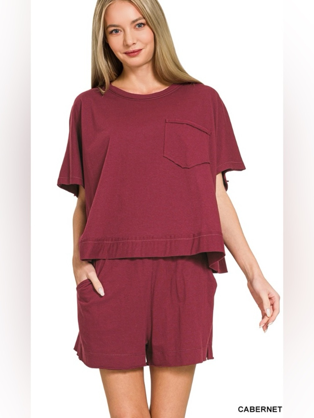 EXPOSED SEAM BOXY TOP & SHORTS SET color: Cabernet
